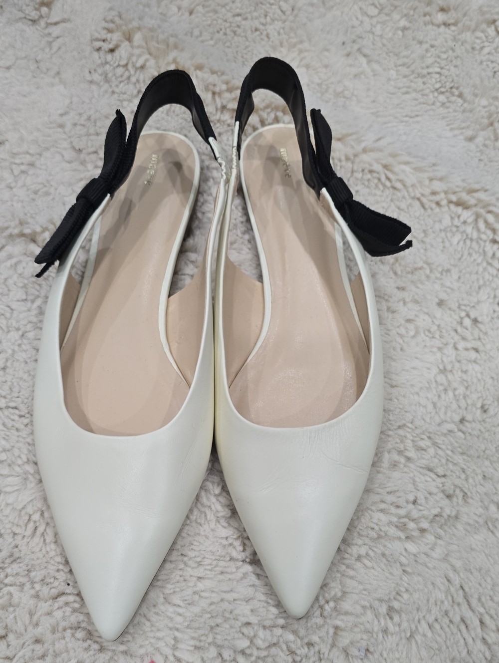 Maeve White Pointed-Toe Slingback Flats with Black Bow